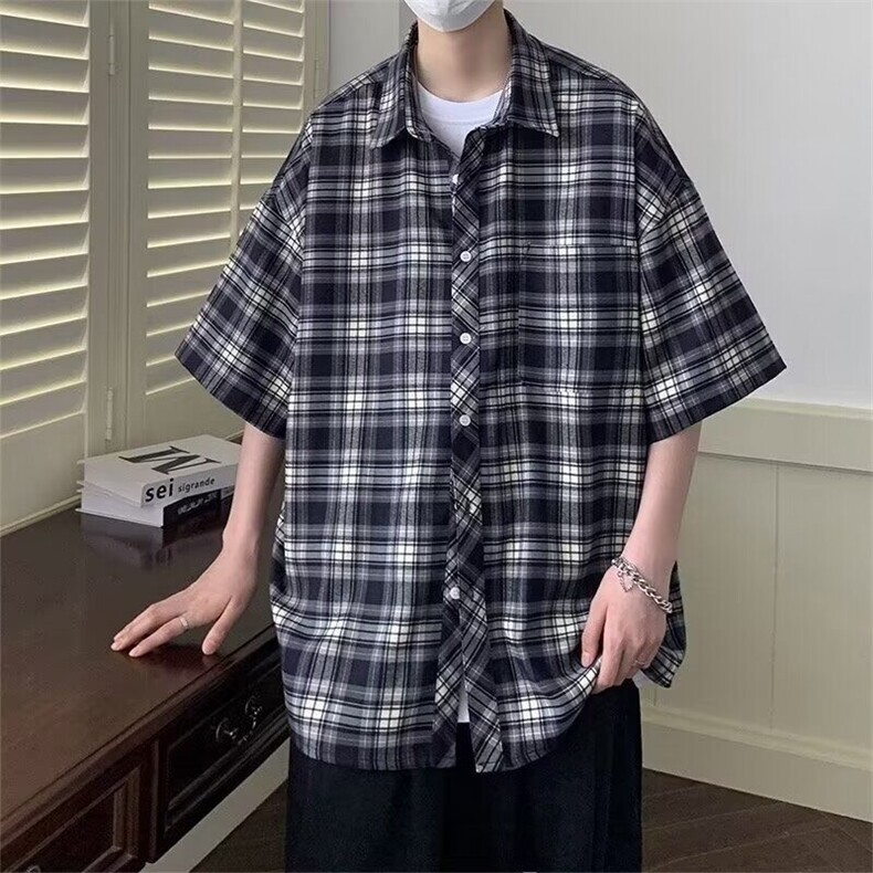 2256港风格子短袖衬衫男装条纹宽松薄款半袖衬衣外套上衣五分袖,男装衬衫,星座308A-1（原309B-1）
