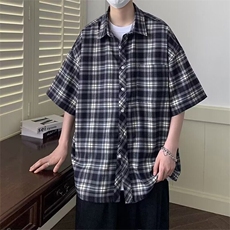 2256港风格子短袖衬衫男装条纹宽松薄款半袖衬衣外套上衣五分袖，男装衬衫，星座308A-1（原309B-1）