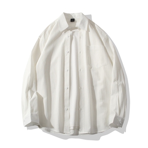 B413-1DX028日系复古条纹长袖衬衫男潮流美式休闲宽松情侣衬衣服图片