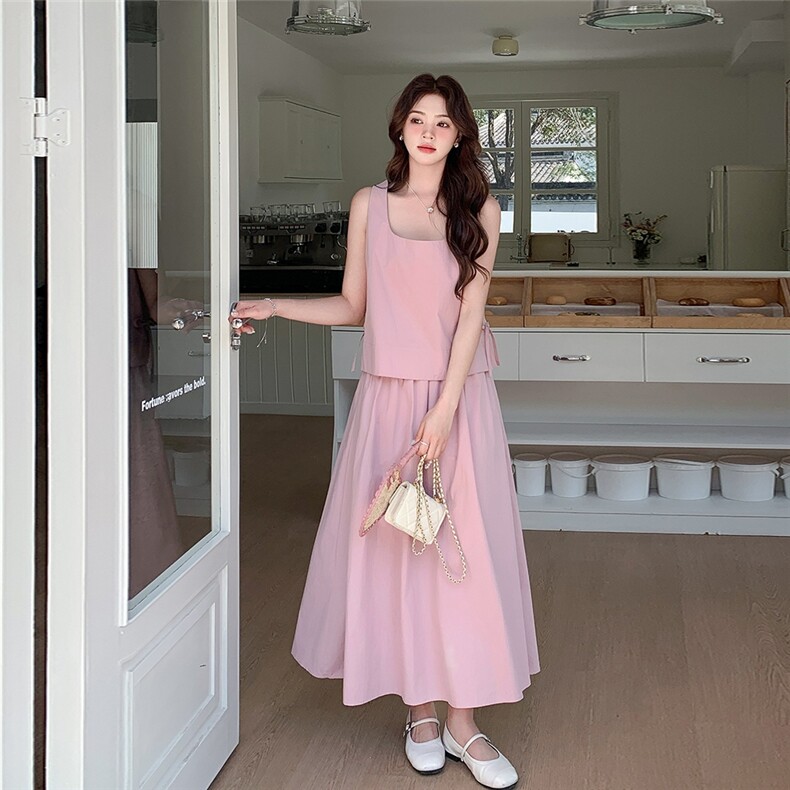 粉色超好看无袖背心套装裙女2025夏季新款法式温柔风半身裙两件套,女装套装/套裙,2C032