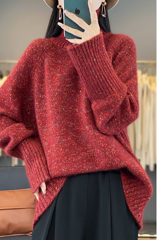 2025年秋季套头单件长袖圆领星空彩纱阔版王菲同款时尚百搭，女装针织衫/毛衣，若菲羊绒