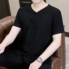 风2026夏季纯棉盘扣绣短袖T恤唐装大码男士小衫XF6502-P45，男装T恤，星座1105-3
