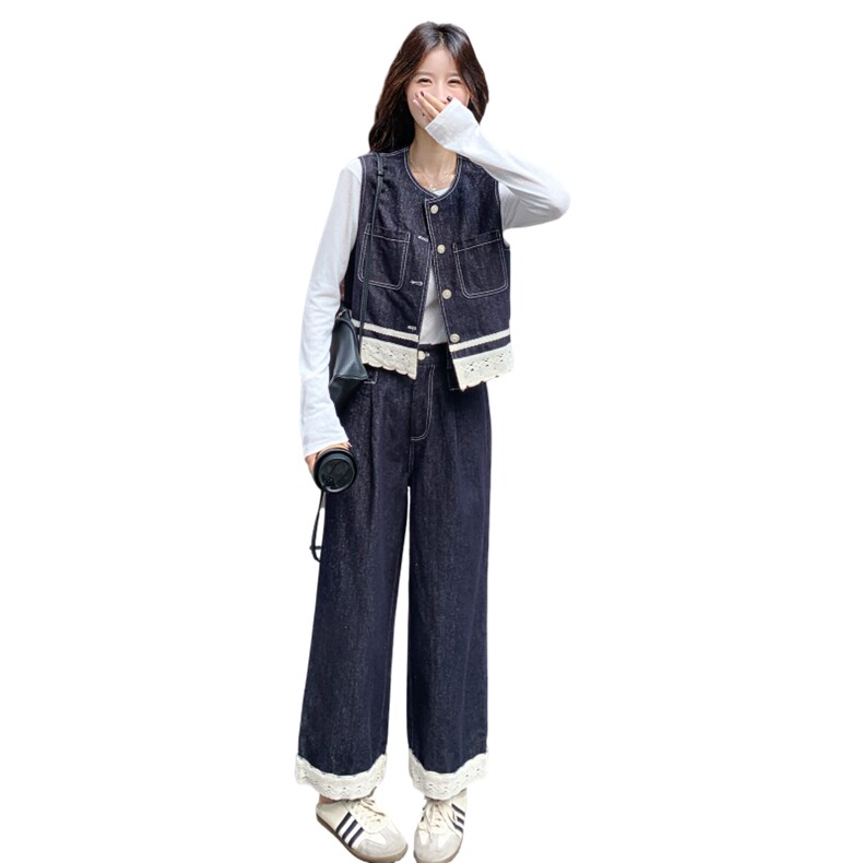 松弛慵懒风蕾丝牛仔马甲套装女2025新款秋季简约阔腿裤百搭两件套,女装套装/套裙,2C012