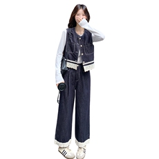 松弛慵懒风蕾丝牛仔马甲套装女2025新款秋季简约阔腿裤百搭两件套，女装套装/套裙，2C012