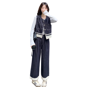 松弛慵懒风蕾丝牛仔马甲套装女2025新款秋季简约阔腿裤百搭两件套图片