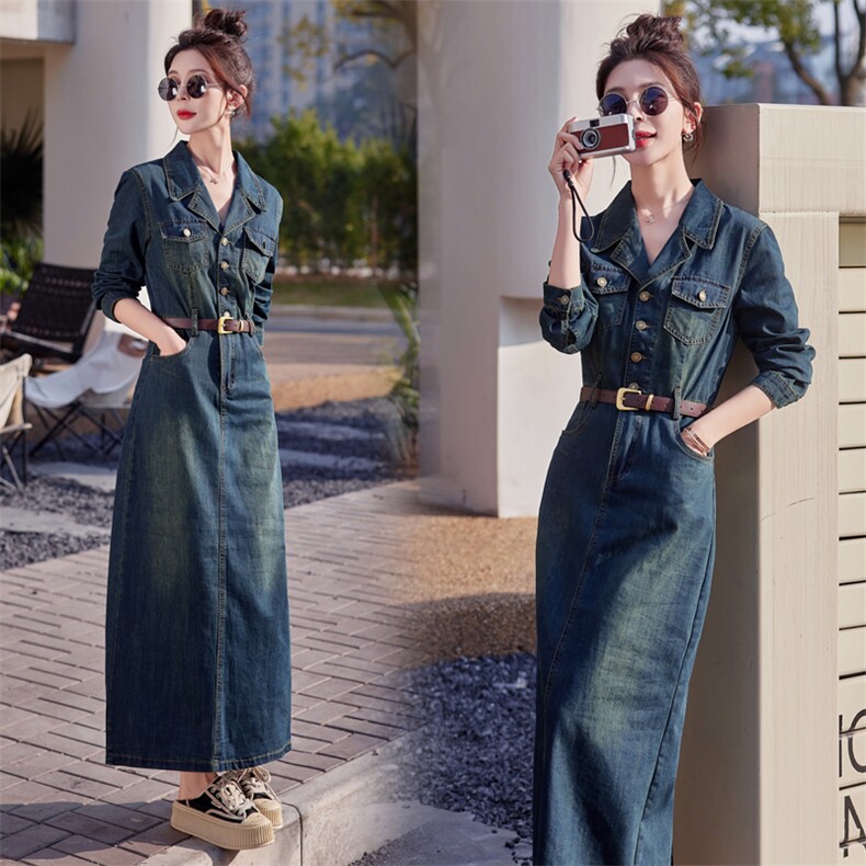（新款）2026春秋新款气质女神范显高显瘦复古港风收腰牛仔连衣裙，女装连衣裙，印象茜
