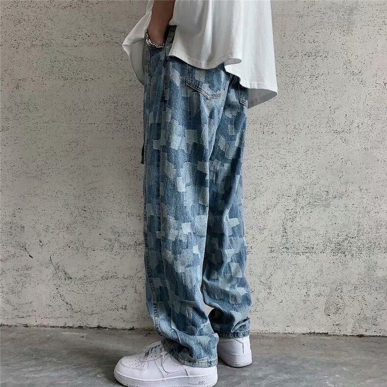 港风秋冬新款撞色牛仔裤潮青少年宽松百搭直筒男女裤子G280-p55图片