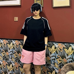 得物抖音品质二开240克重磅宽松纯棉美式高街半杠织带短袖T恤图片