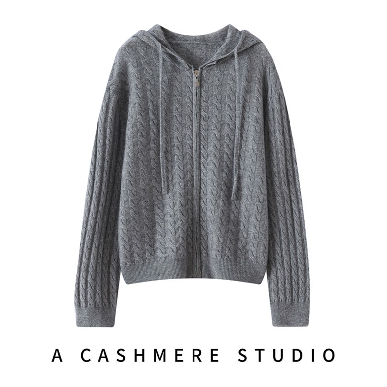 2025百搭时尚小麻花慵懒款连帽开衫，女装针织衫/毛衣，铂欧羊绒