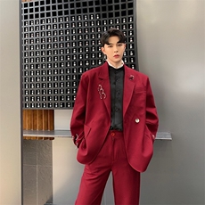 秋冬复古个性设计铁环装饰酒红色西服上衣男A，男装西服，电商A345
