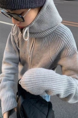 2025年秋季新款纯色帽抽绳开衫时尚百搭，女装针织衫/毛衣，旭驰羊绒