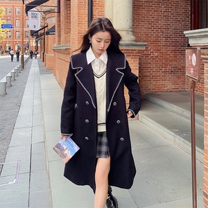 现货！2533款纯色镶条海军领毛呢羽绒服中长款女图片