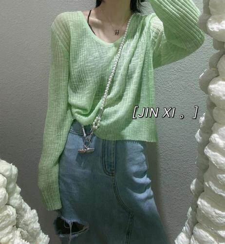 竹节麻V领针织小衫，女装，金翕服饰