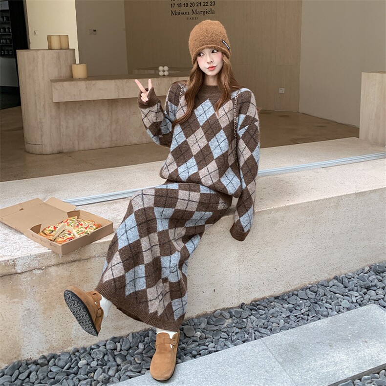 格子针织套装裙女秋冬季2025毛衣半身裙两件套A609P175K258,女装套装/套裙,2C269