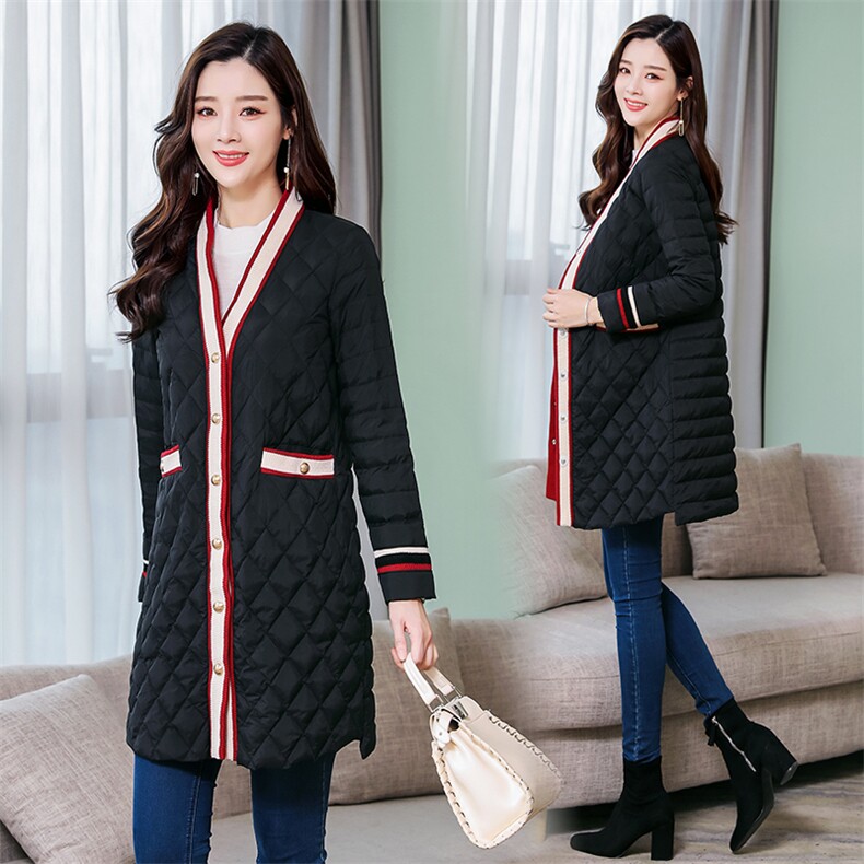 羽绒服白鸭绒90绒小香风纯色长袖中长款口袋排扣修身拼接,女装羽绒服,海爱依仁