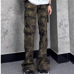 美式复古多口袋迷彩裤休闲微喇工装裤修身显瘦牛仔裤男女图片