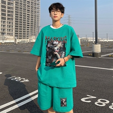！2025夏季新款男士潮流华夫格短袖T恤套装学生一套HTZ106P50，男装T恤，电商B220