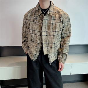 秋季高级感休闲格子翻领夹克男潮流痞帅短款宽松外套JK2351-P130图片