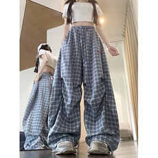 设计感hiphop蓝色弯刀格子裤女夏嘻哈kpop阔腿运动裤子K6308-P48，男装休闲裤，星座412-3