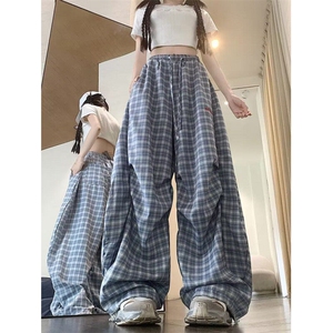 设计感hiphop蓝色弯刀格子裤女夏嘻哈kpop阔腿运动裤子K6308-P48图片