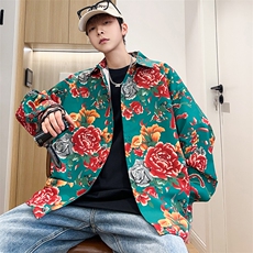 C1长袖男士宽松东北大花港风衬衣外套民族特色团队服，男装民族服装，星座115A(原星座507）