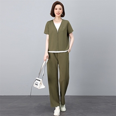 休闲套装女2025夏季新款时尚洋气假两件短袖卫衣搭配一整套运动服，女装套装/套裙，忆绮罗