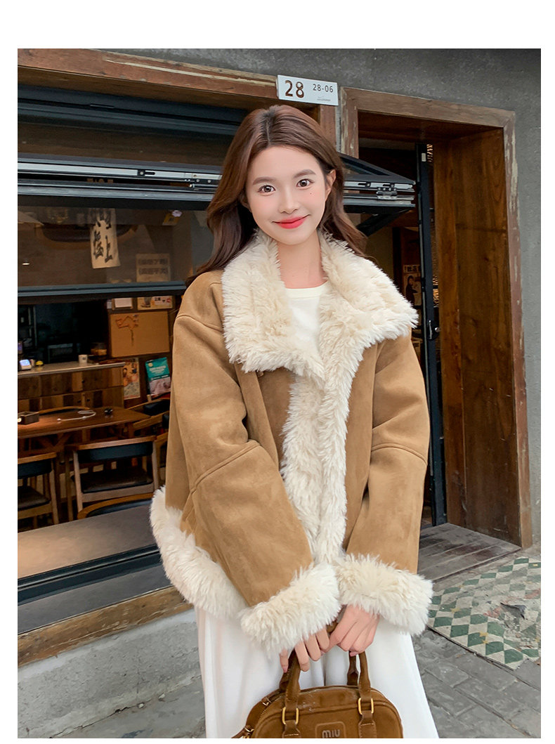 咖色毛绒拼接2025超火麂皮绒外套女冬高级感气质保暖上衣，女装短外套，浙宝079