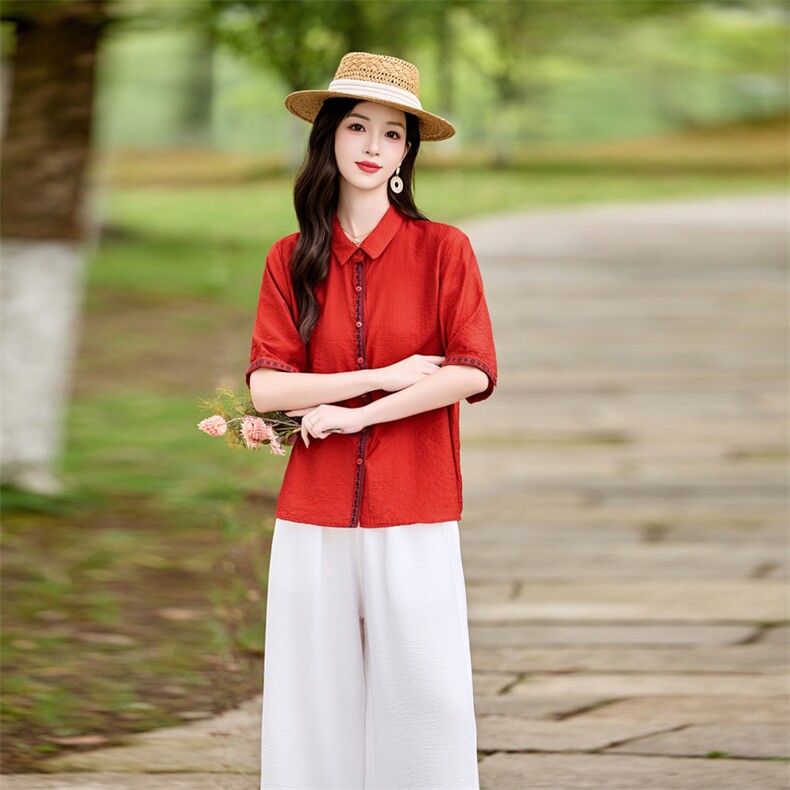 时尚洋气刺绣棉麻套装女2026夏季新款宽松遮肉显瘦阔腿裤两件套,女装套装/套裙,魅影