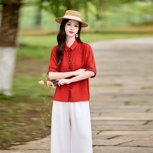 时尚洋气刺绣棉麻套装女2026夏季新款宽松遮肉显瘦阔腿裤两件套图片