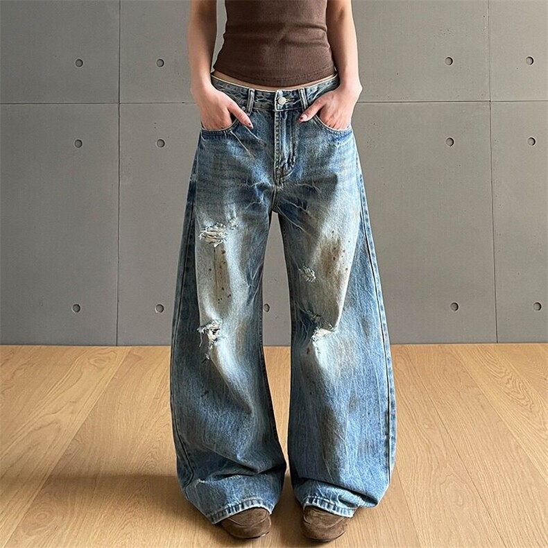 美式高级感裂纹水洗脏旧牛仔裤男女cleanfit显瘦破洞裤子 N701图片