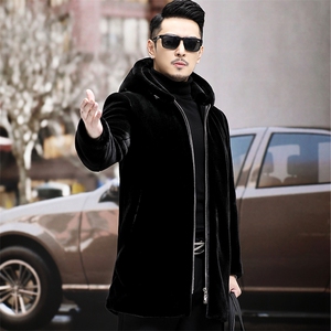 WL1920秋冬新款男士金貂绒大衣中长款连帽风衣仿貂绒P420