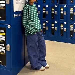 大码美式多口袋弯刀工装牛仔裤男女2026夏季新款宽松休闲直筒长裤图片
