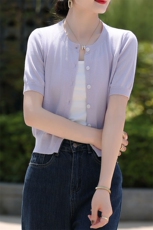 夏季新款简约圆领纯棉高腰短款平面开衫宽松百搭显瘦时尚休闲上衣，女装针织衫/毛衣，鑫源羊绒