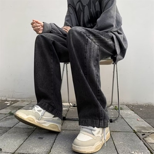 黑灰色牛仔裤男高级感美式复古裤子潮牌高个子水洗显瘦直筒裤图片