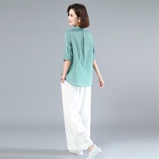 2022夏装新款棉麻刺绣短袖上衣休闲阔腿裤两件套套装，女装大码女装，木子恋