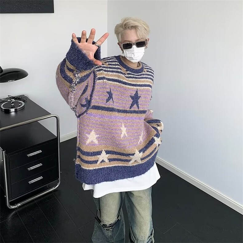 美式圆领毛衣男慵懒风休闲鹿毛绒星星面针织衫 MY215 P50图片