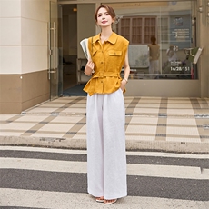 时尚通勤职场棉麻套装女2025年夏系带衬衫上衣+显瘦阔腿裤两件套，女装套装/套裙，艾仟回(原伊仟回)