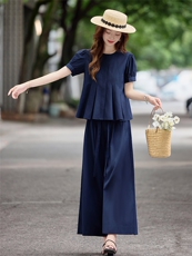 春夏设计感捏褶泡泡袖气质减龄短袖上衣阔腿裤休闲通勤套装女，女装套装/套裙，水衣源