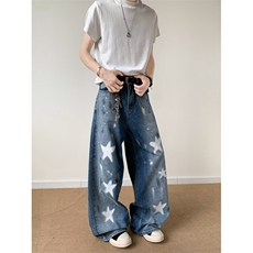 美式星星牛仔裤男2025新款宽松直筒裤潮牌阔腿裤子男款RK3028-P53，男装牛仔裤，星座412-2