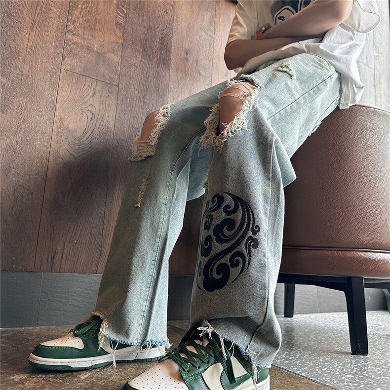 k1080-p55-控78M-5XL现货oversizecleanfit显瘦黄泥牛仔裤破洞,男装牛仔裤,星座116