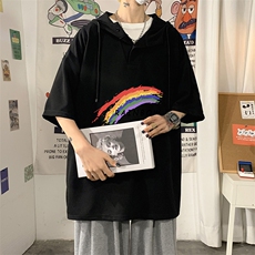 LD54064-P45连帽短袖t恤男大码胖子带帽五分袖中袖海报风，男装T恤，电商A040