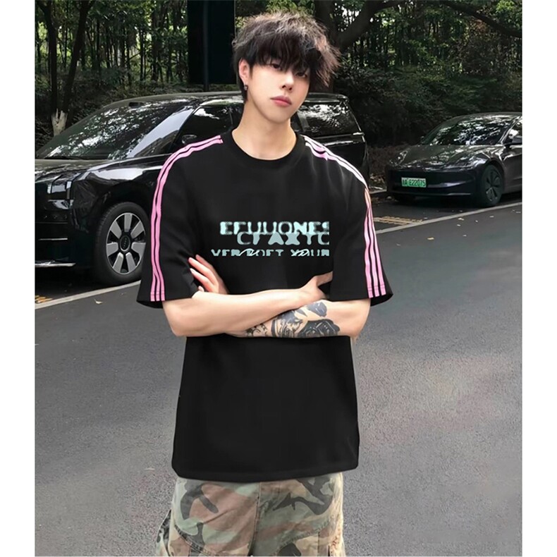 抖音得物品质二开240克宽松纯棉美式潮牌印花三条杠中性风短袖T恤，男装T恤，电商A486-1
