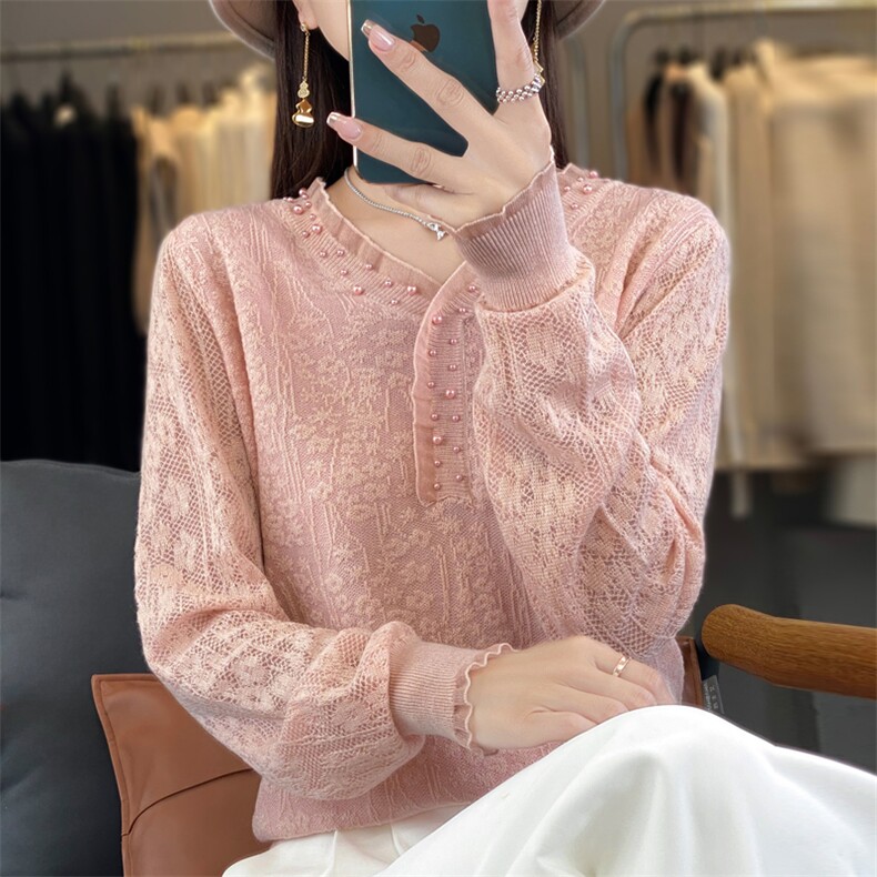 时尚V领蕾丝针织打底衫女新款优雅气质内搭提花长袖小衫百搭上衣，女装针织衫/毛衣，大美人包芯纱店