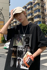 中性夏季潮流韩版洋气杜宾印花宽松情侣短袖T恤T32P25控38，男装T恤，A247A