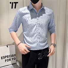 店主风社会小伙男士新款提花七分袖衬衫男衬衣301A-1/CS588/P55，男装衬衫，星座301A-1