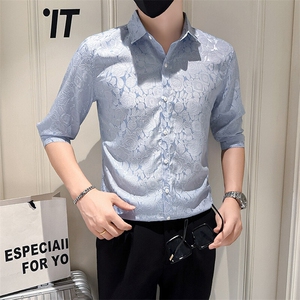 店主风社会小伙男士新款提花七分袖衬衫男衬衣301A-1/CS588/P55图片