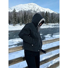 米白色座山雕工装棉服男女毛领加厚美式复古短款连帽cleanfit外套，男装夹克，星座1005