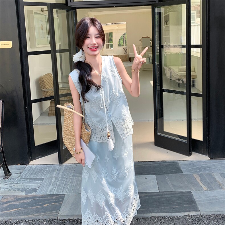 复古蕾丝刺绣背心套装裙女2025夏季新款时尚气质高腰半身裙两件套,女装套装/套裙,2C133