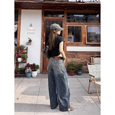 潮美式覆古宽松豹纹弯刀牛仔裤女高街阔腿拖地cleanfit长裤，男装牛仔裤，星座506A