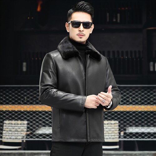 J8069新款海宁男式绵羊皮皮衣男翻领兔毛内胆皮克服夹克P990,男装皮衣,电商B360